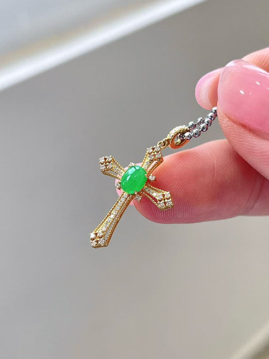 Yuanjiu Jewelry - Intense Green Jade Cross Pendant with 18K Gold Setting, Exquisite and Enchanting