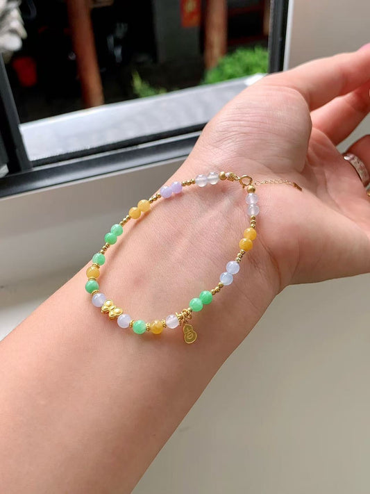 Yuanjiu Jewelry - Multi-Gemstone Jade Bead Bracelet with 18K Gold Chain and Golden Gourd, Exquisitely Noble