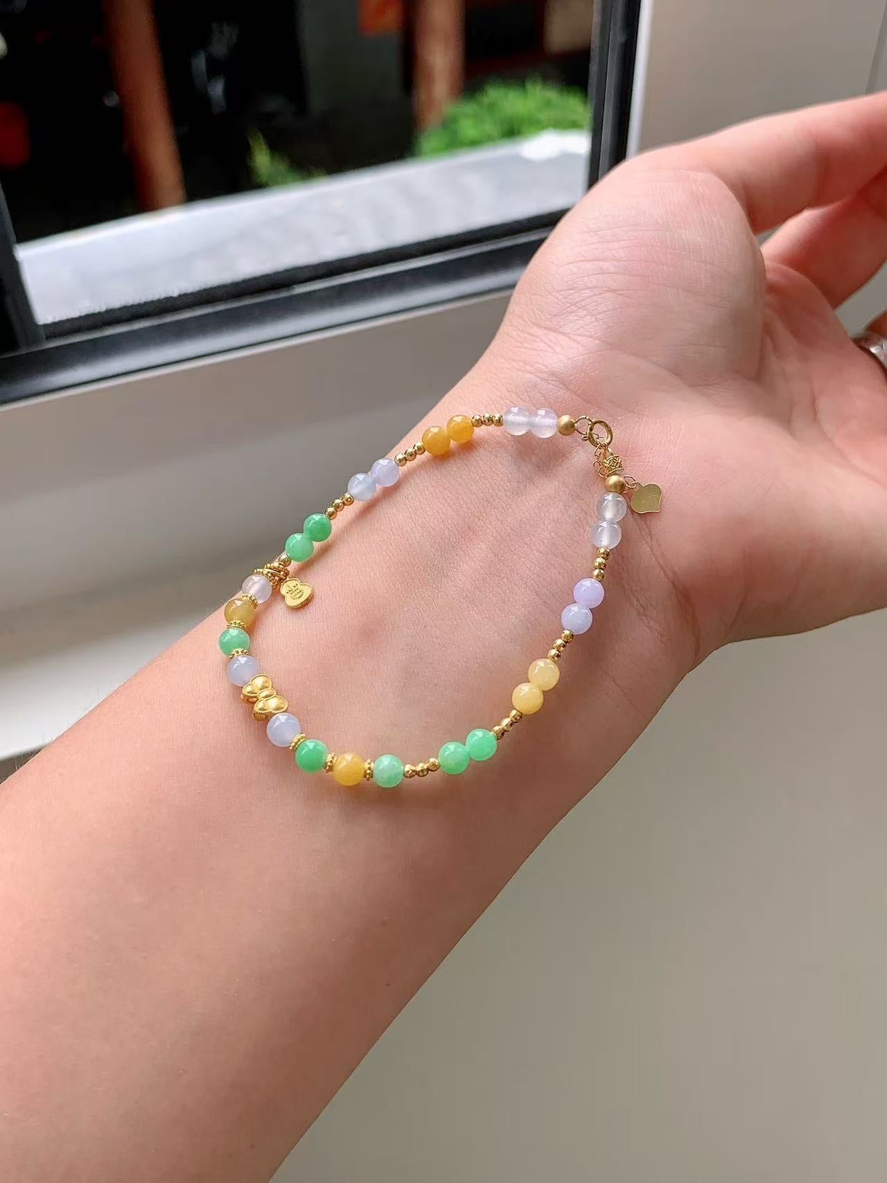 Yuanjiu Jewelry - Multi-Gemstone Jade Bead Bracelet with 18K Gold Chain and Golden Gourd, Exquisitely Noble