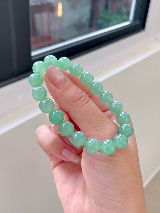 Yuanjiu Jewelry - Icy Green Jade Bead Bracelet, Elegant and Enchanting