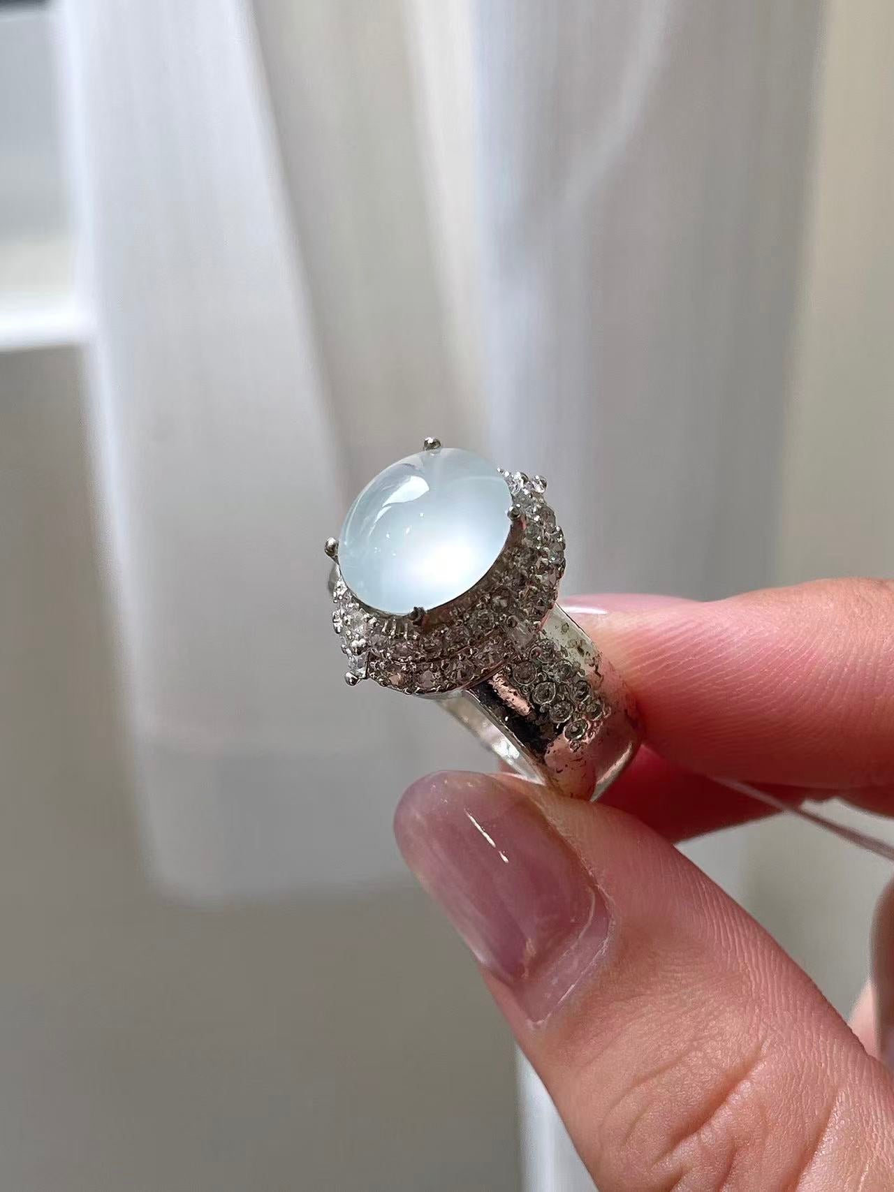 Yuanjiu Jewelry - Natural Icy White Jadeite Cabochon Ring, Elegant and Refined