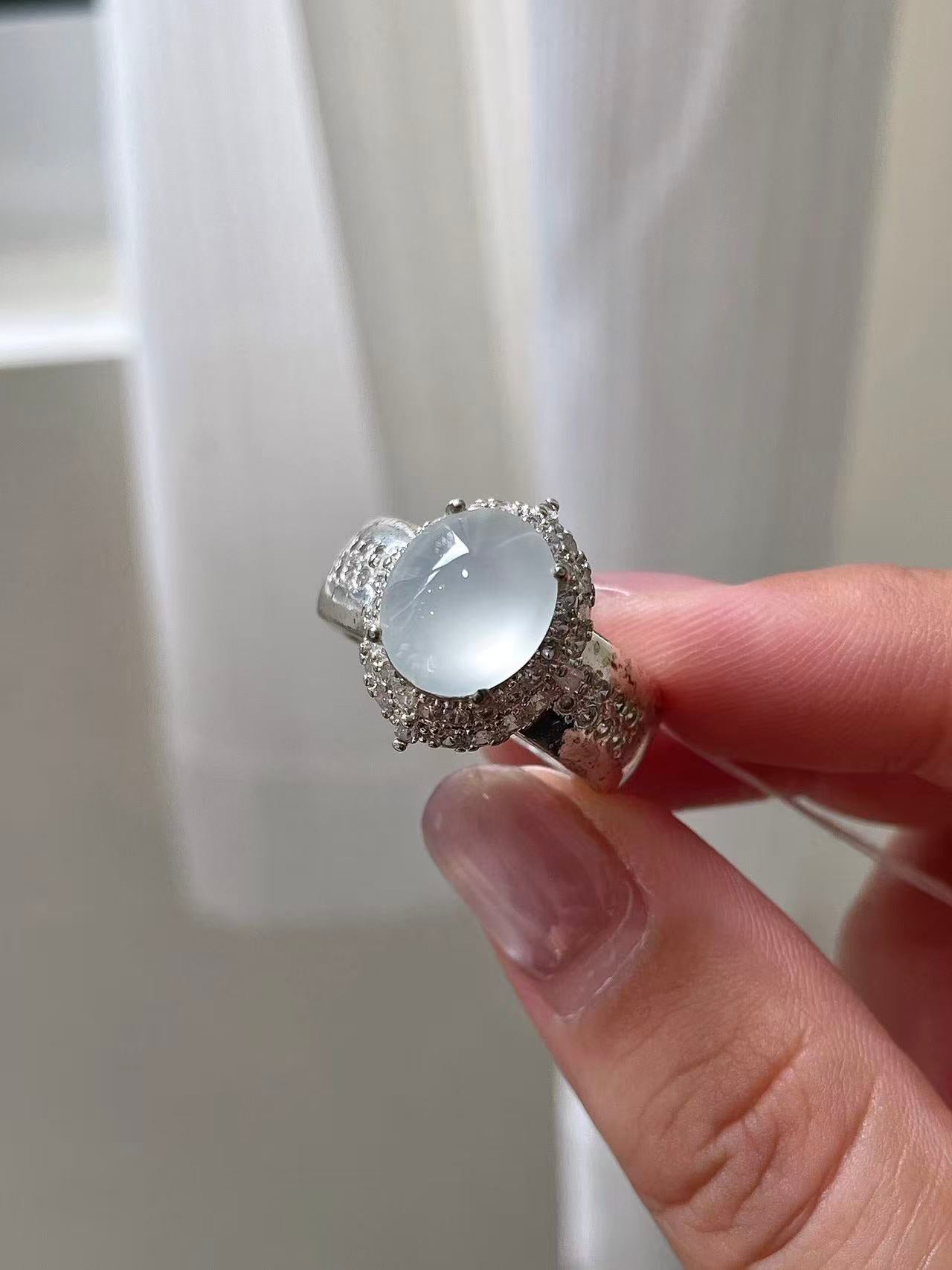 Yuanjiu Jewelry - Natural Icy White Jadeite Cabochon Ring, Elegant and Refined