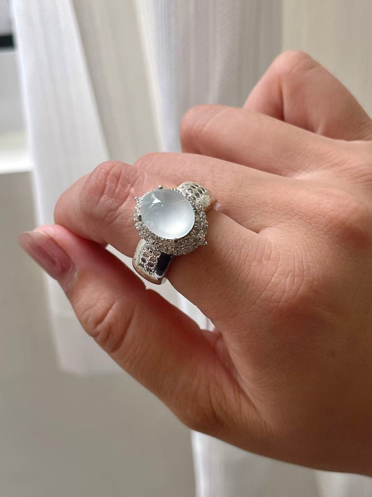 Yuanjiu Jewelry - Natural Icy White Jadeite Cabochon Ring, Elegant and Refined