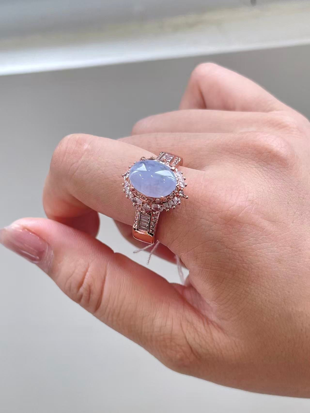 Yuanjiu Jewelry - Natural Lavender Jadeite Cabochon Ring, Elegant and Refined