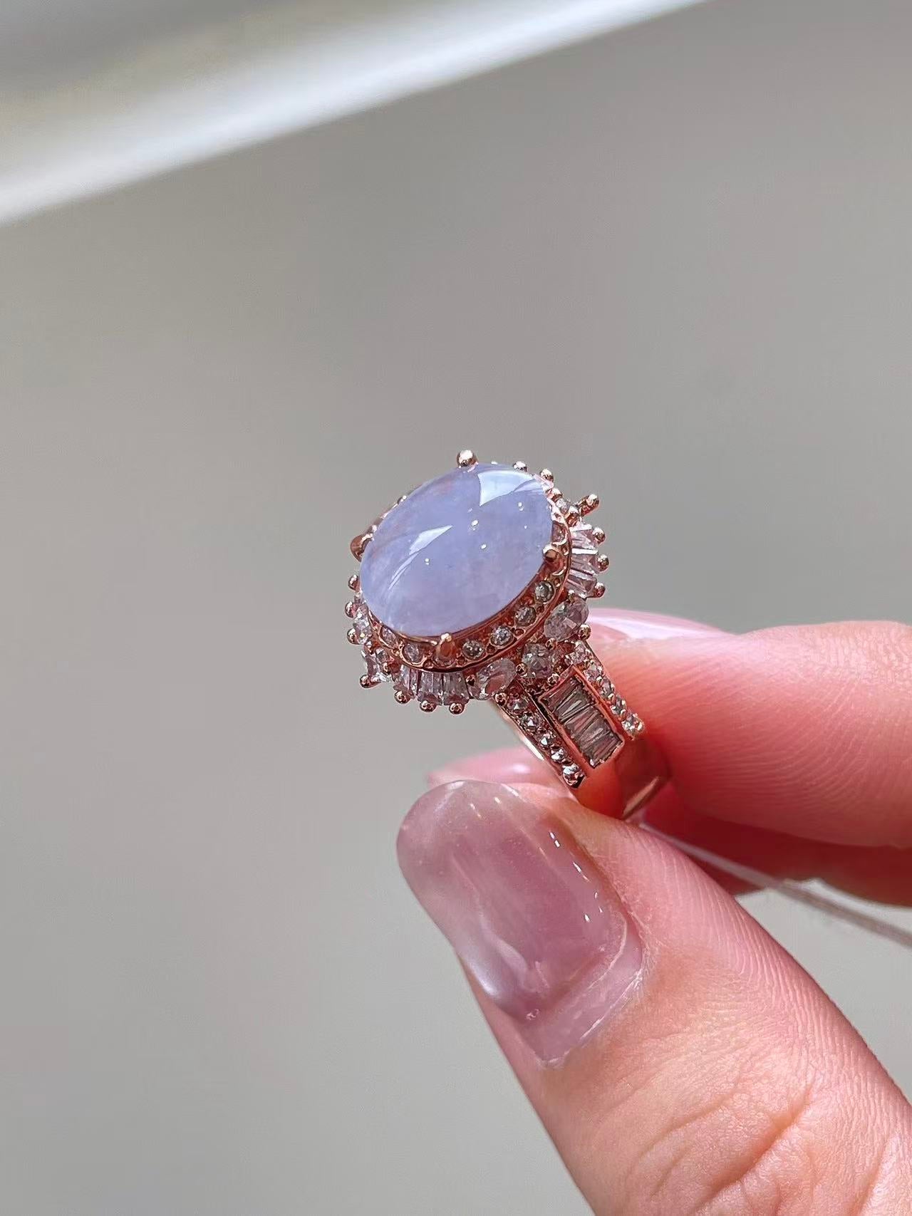 Yuanjiu Jewelry - Natural Lavender Jadeite Cabochon Ring, Elegant and Refined