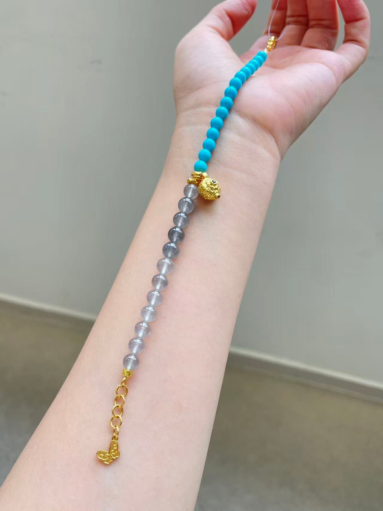 Yuanjiu Jewelry - Natural Icy 'Black Chicken' Jadeite & Turquoise Bracelet, 18K Gold Clasp, Exquisitely Elegant