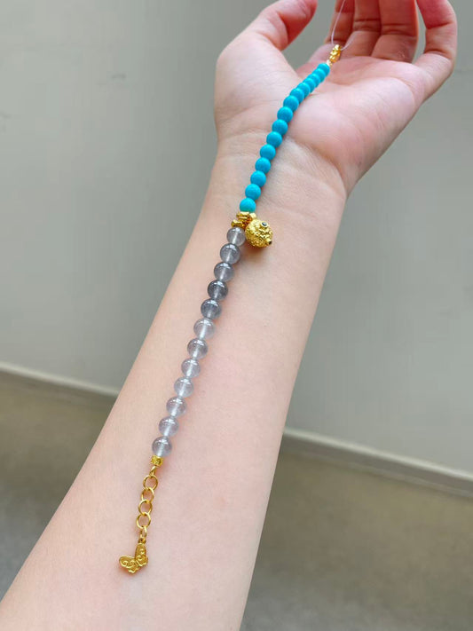 Yuanjiu Jewelry - Natural Icy 'Black Chicken' Jadeite & Turquoise Bracelet, 18K Gold Clasp, Exquisitely Elegant