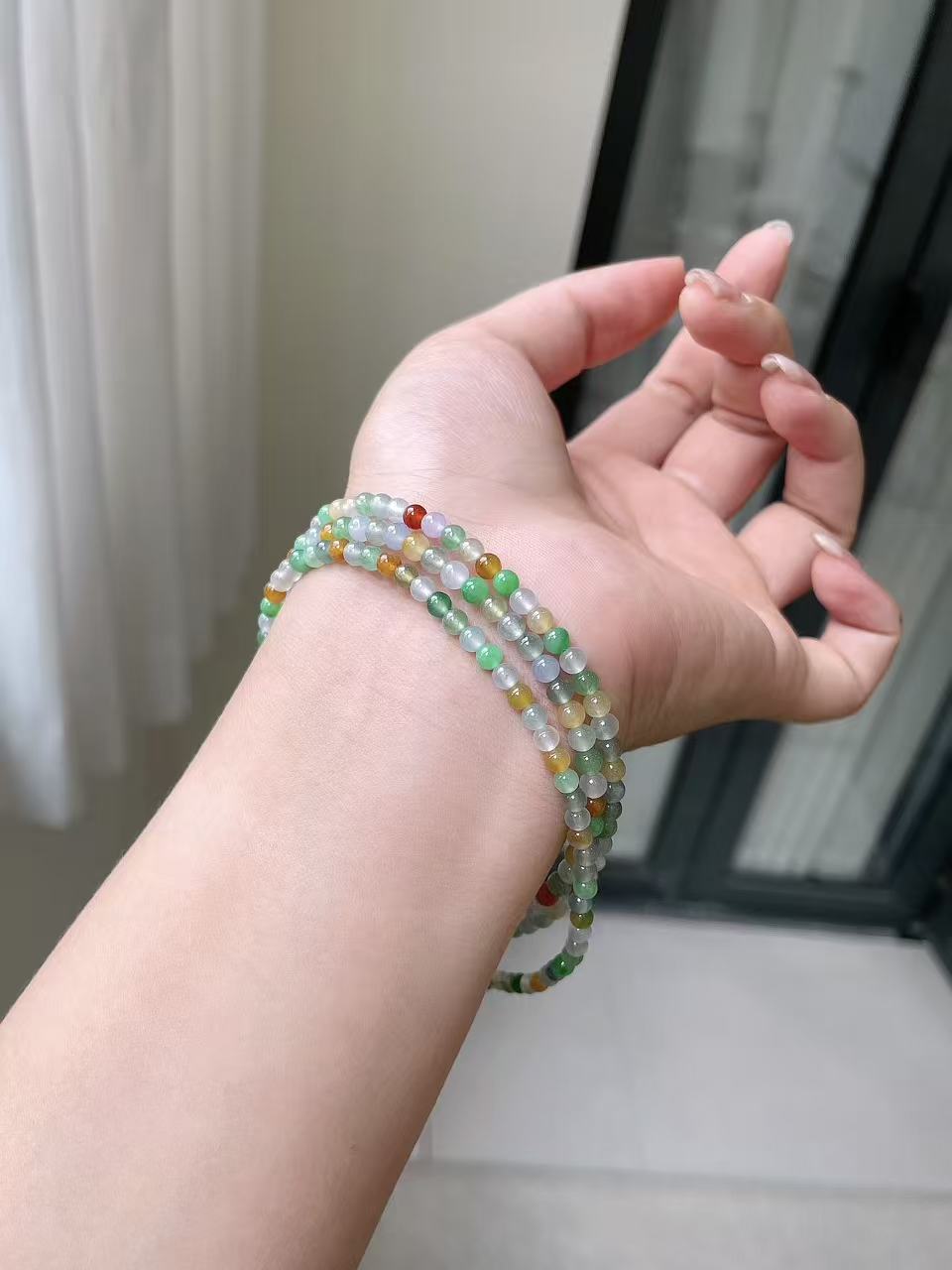 Yuanjiu Jewelry - Natural Ice-Type Multi-Gem Millet Grain Jadeite Bead Necklace, Elegant and Refined