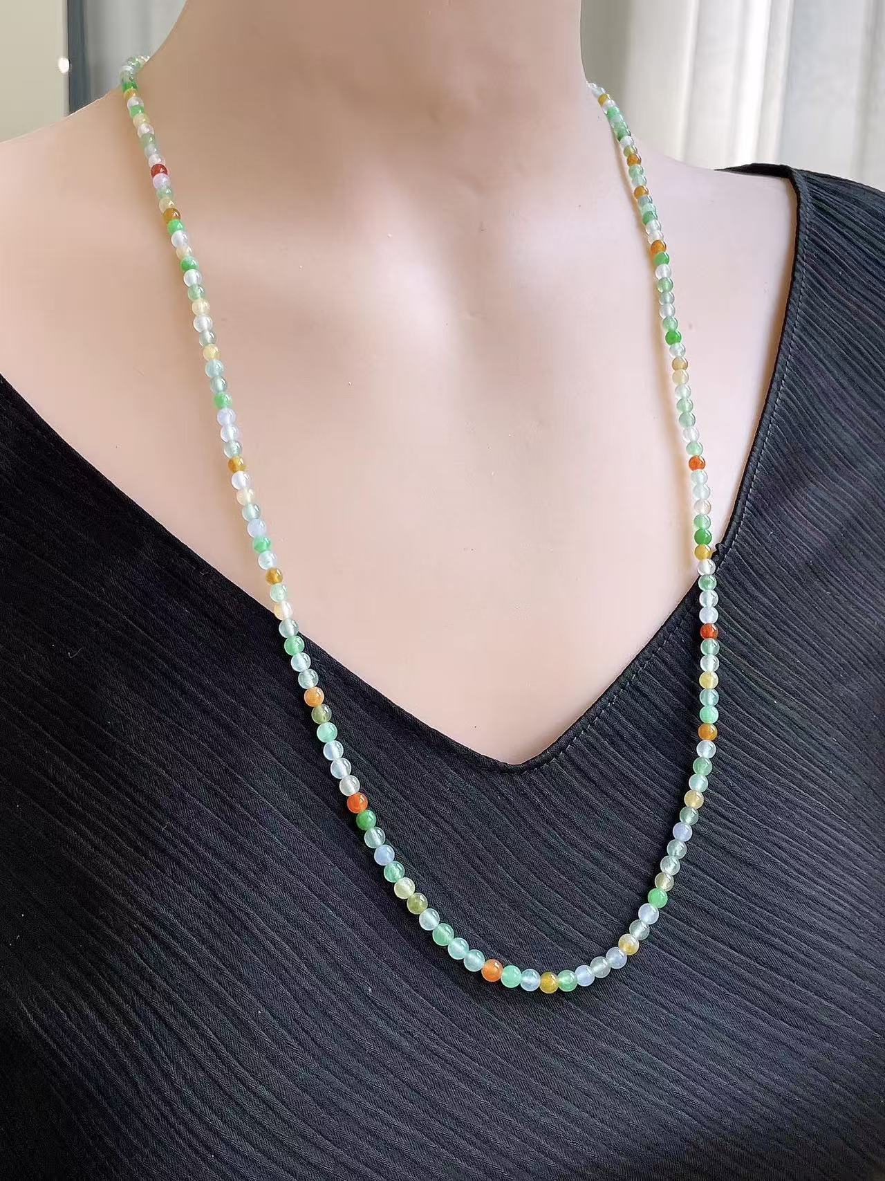 Yuanjiu Jewelry - Natural Ice-Type Multi-Gem Millet Grain Jadeite Bead Necklace, Elegant and Refined