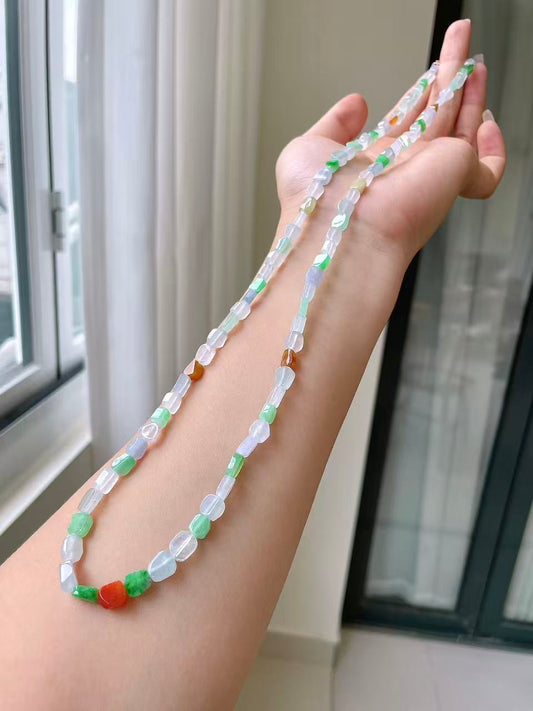 Yuanjiu Jewelry - Natural Ice-Type Multi-Gem Freeform Jadeite Bead Necklace, Elegant and Beautiful