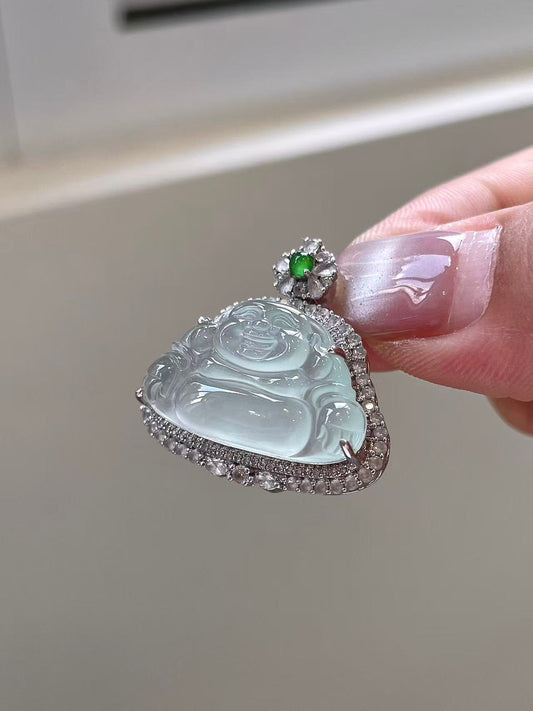 Yuanjiu Jewelry - Natural High Ice Buddha Pendant with Vibrant Green Jadeite in 18K Gold, Elegant and Beautiful