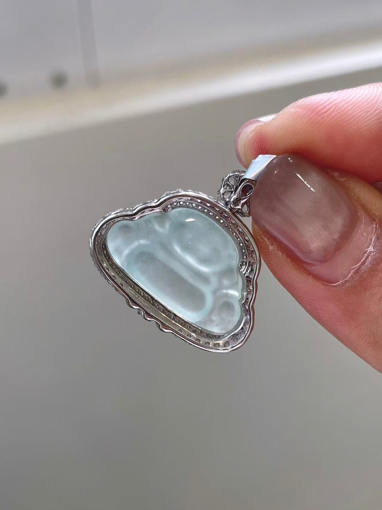 Yuanjiu Jewelry - Natural High Ice Buddha Pendant with Vibrant Green Jadeite in 18K Gold, Elegant and Beautiful