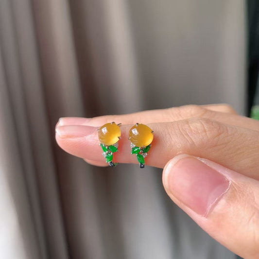 Yuanjiu Jewelry - Natural Icy Yellow Jadeite Cabochon Earrings, Elegant and Refined