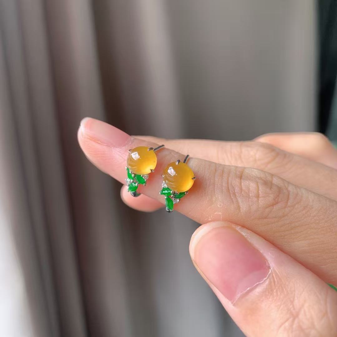 Yuanjiu Jewelry - Natural Icy Yellow Jadeite Cabochon Earrings, Elegant and Refined