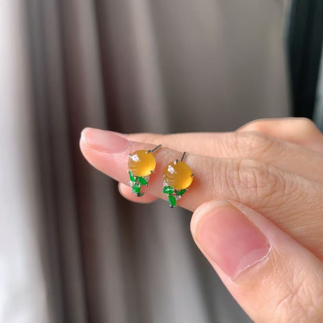 Yuanjiu Jewelry - Natural Icy Yellow Jadeite Cabochon Earrings, Elegant and Refined